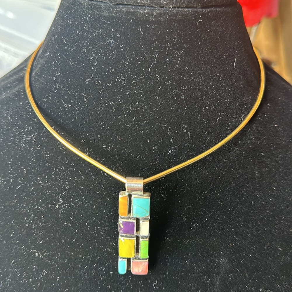 - Vintage Modernist Multiple Stones Sterling Silver Rectangular Pendant - Picture 5 of 6